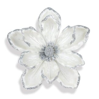 Floare decorativa pentru brad de Craciun, alba, cu glitter argintiu – Flori decoratiuni brad