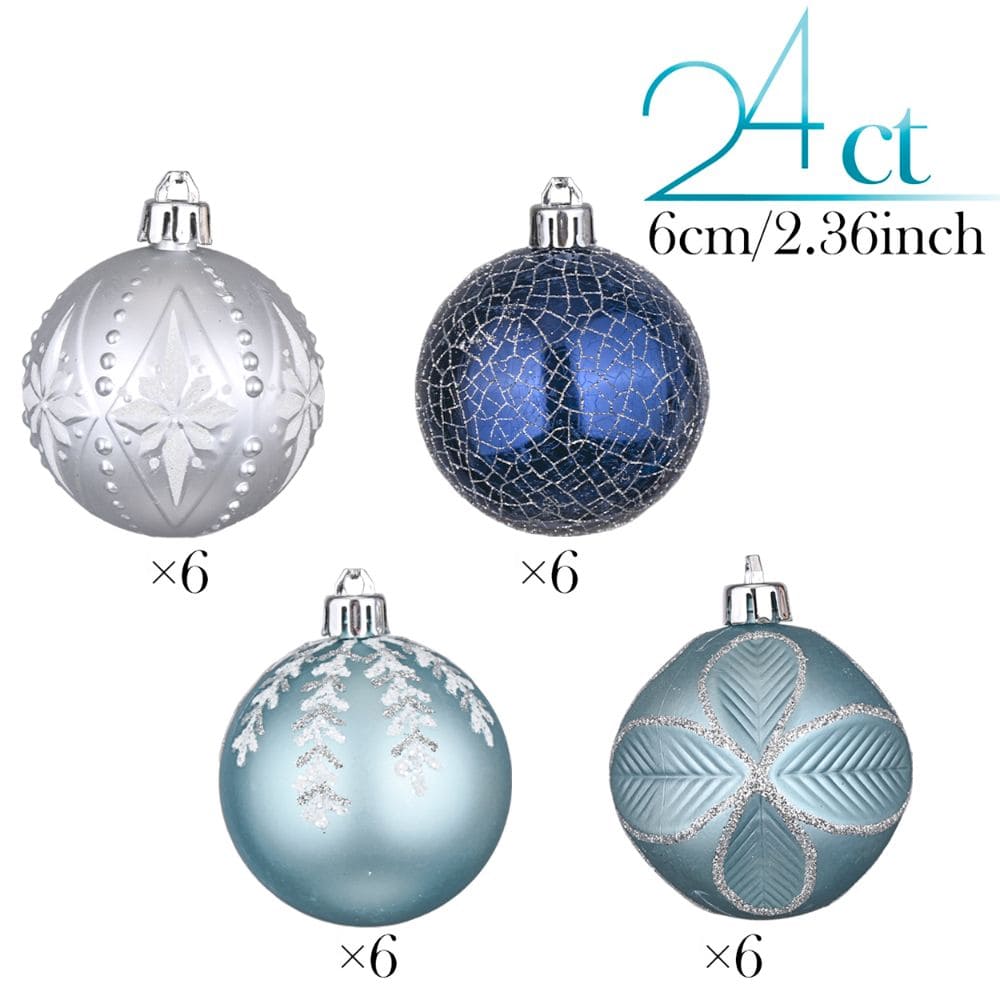 Set 24 ornamente brad, albastru si argintiu, cu fulgi de nea – Globuri Craciun