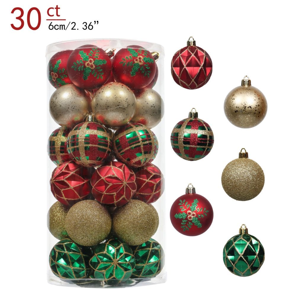Set 30 ornamente brad cu model festiv – globuri rosii, globuri aurii si verzi